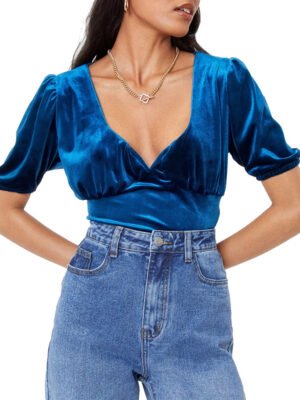 Short sleeve Velvet V Neck Top for women