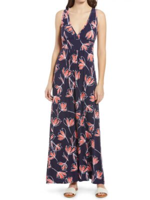 casual sleeveless deep-V neck floral jersey maxi dress