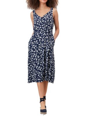 Women's floral print sleeveless strappy V neck midi dress