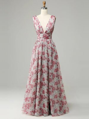 Blush and Rose Floral Print V - Neck Maxi Dress