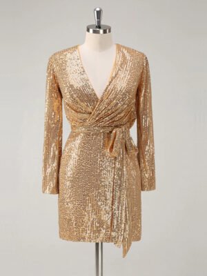 Glamorous Golden Sequin Wrap Mini Dress